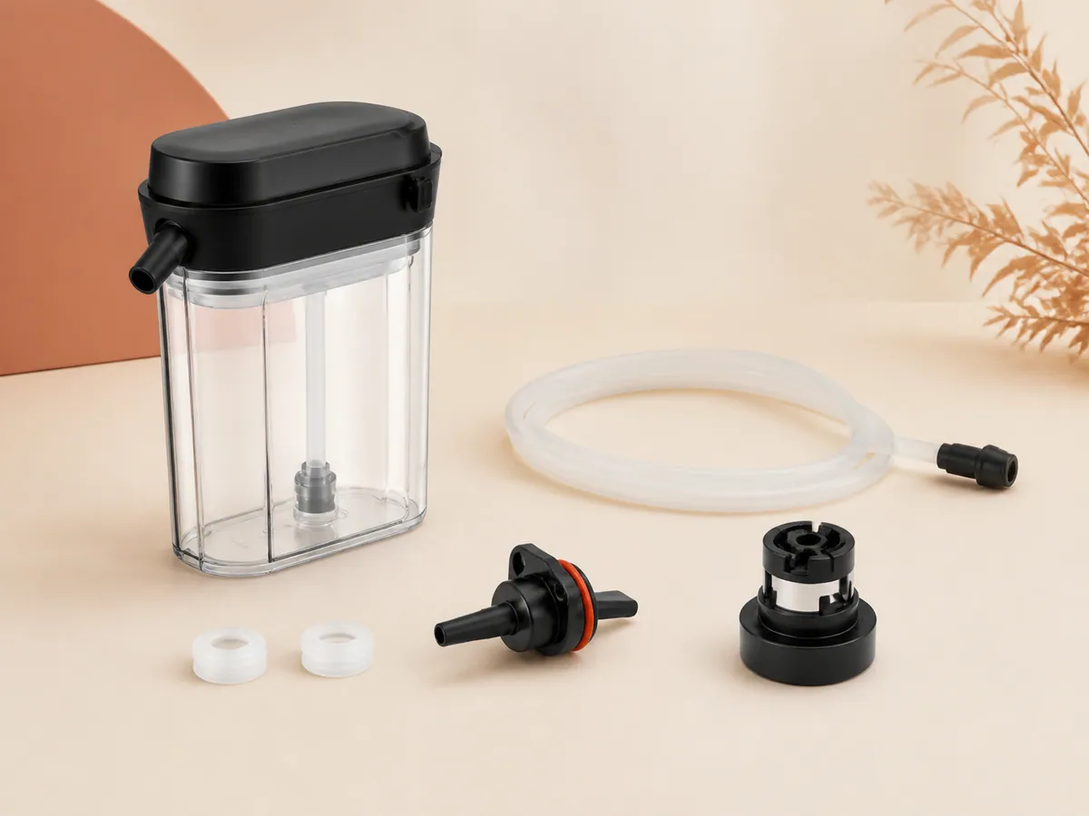 Carafe à lait, tube et raccords génériques de machine à café représentant Récipient à lait en verre, référence 72570 ; illustration de catégorie