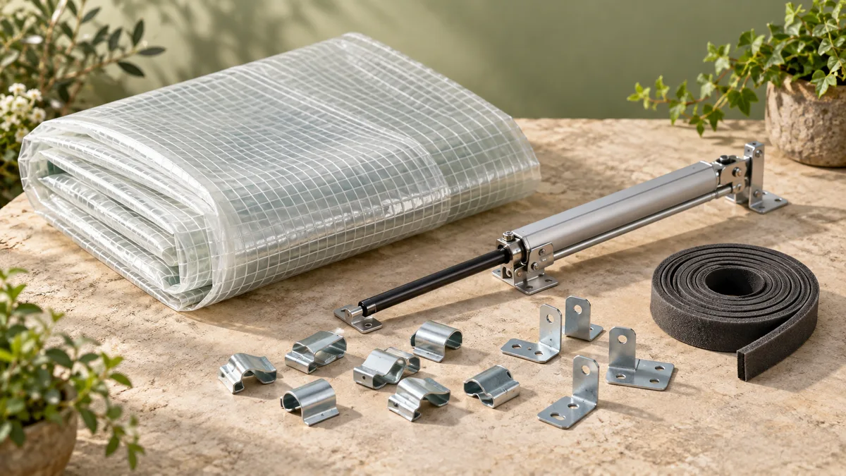 Clips de fixation, bâche et ouvre-fenêtre pour serre