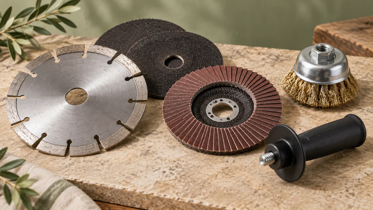 Disques de coupe et à lamelles, brosse métallique et poignée pour meuleuse d’angle