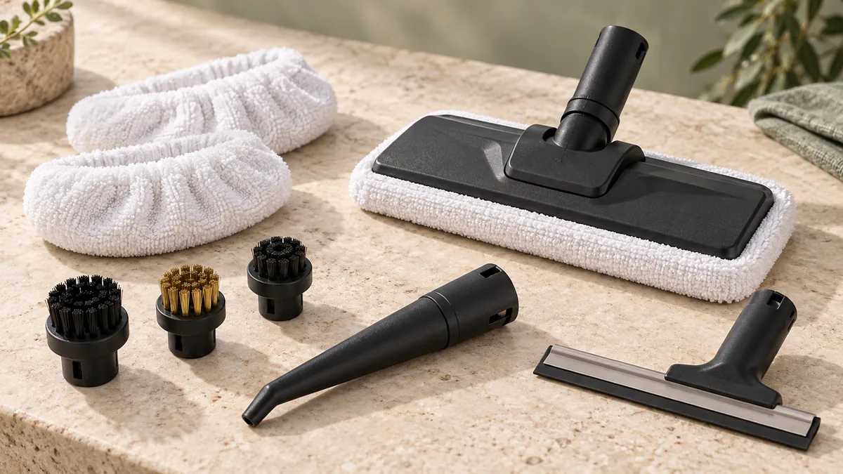 Brosses, buses, bonnettes, raclette et tête de sol pour nettoyeur vapeur