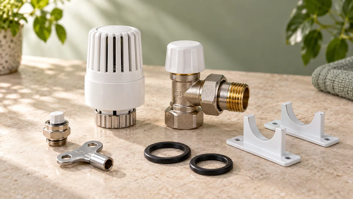 Tête thermostatique, robinet et raccords de radiateur