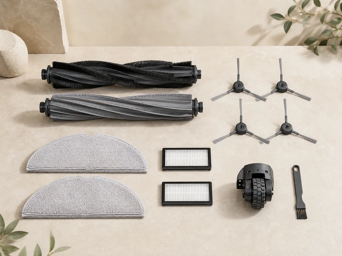 Generic robot-vacuum rollers, side brushes, pads and filters representing Eufy Roller mop for Omni S2, E25, E28 and S1 Pro, reference T29C00A1; category illustration