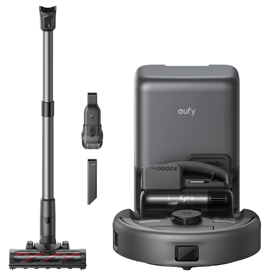 Photo officielle du robot Eufy E20 3-en-1, version française