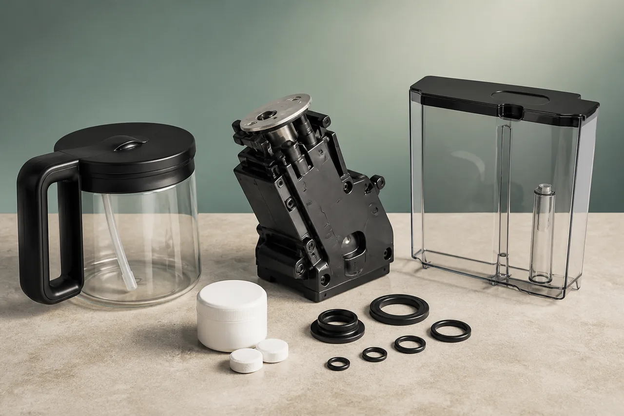 Generic coffee machine and maintenance parts for Bosch TIE20119; not a photograph of the exact model