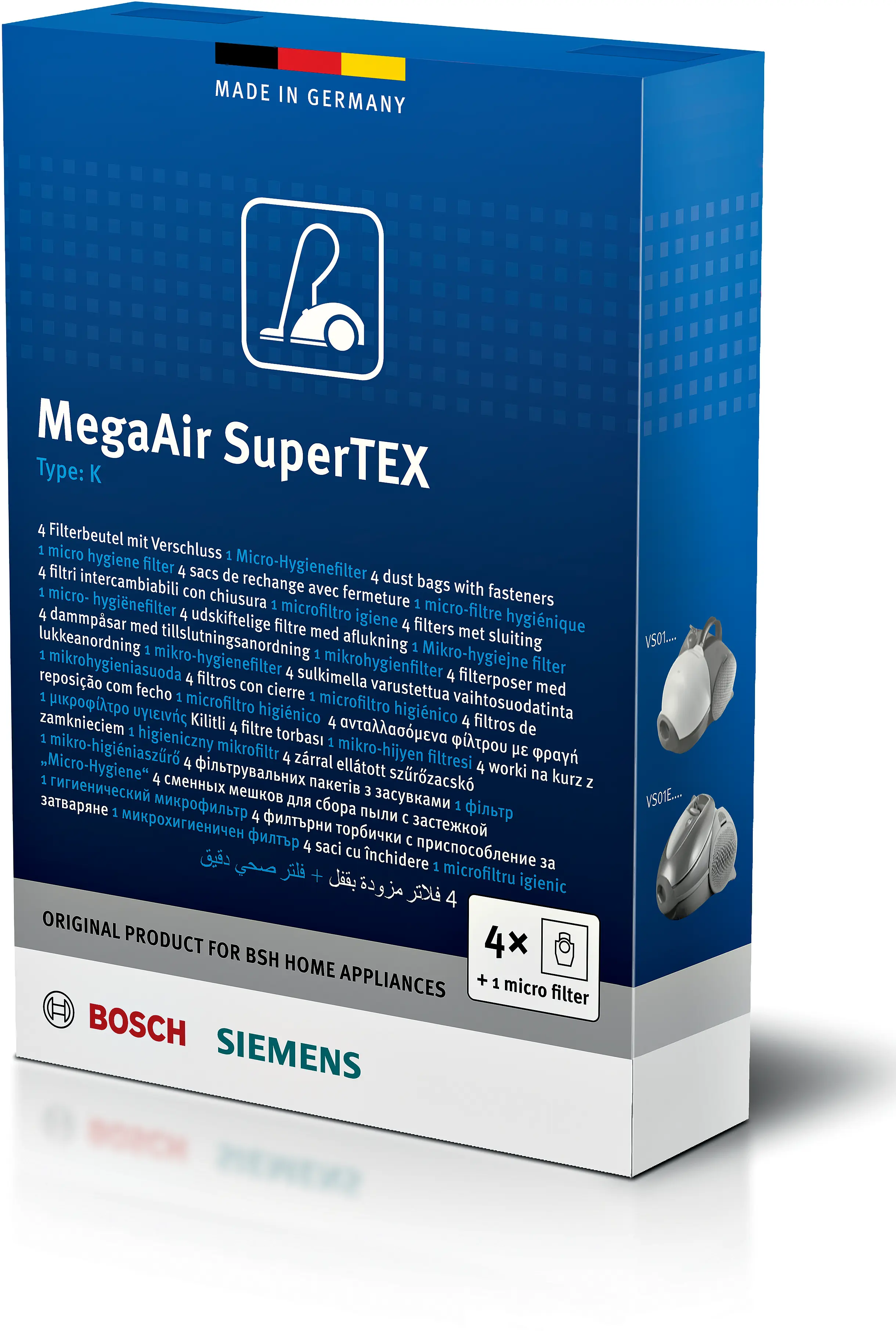 4 Sacs de rechange Typ. K MegaFilt® SuperTEX + 1 filtre Micro-Hygiénique BBZ41FK Bosch 00468265